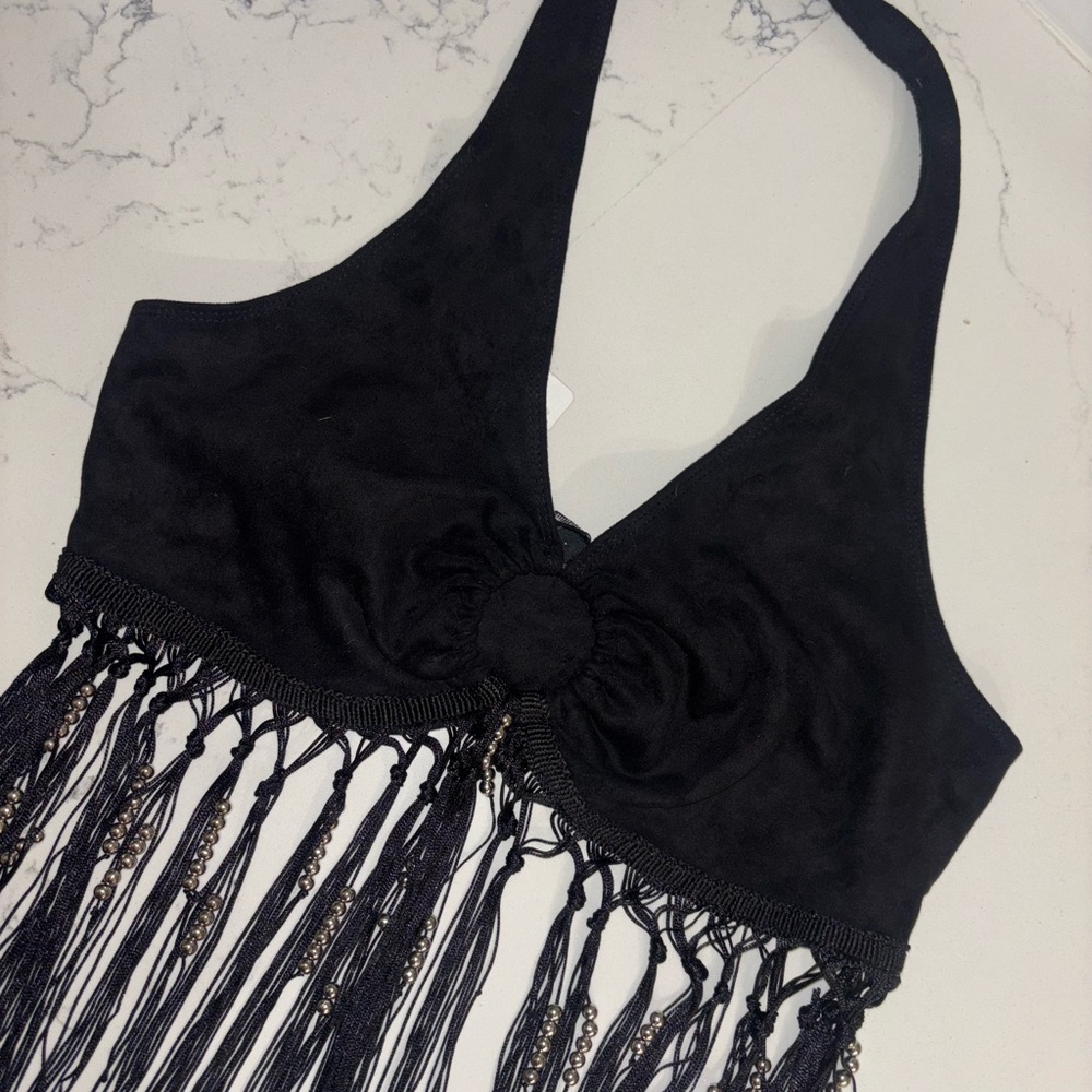 Black Halter Top with Fringe